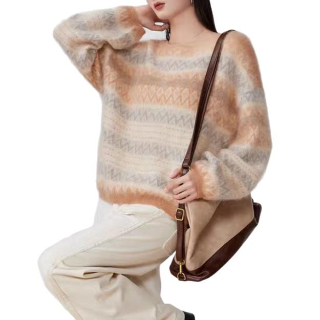 Women's Fair Isle Jacquard Knit Sweater - Autumn/Winter Korean Style, Loose Fit, Round Neck Pullover