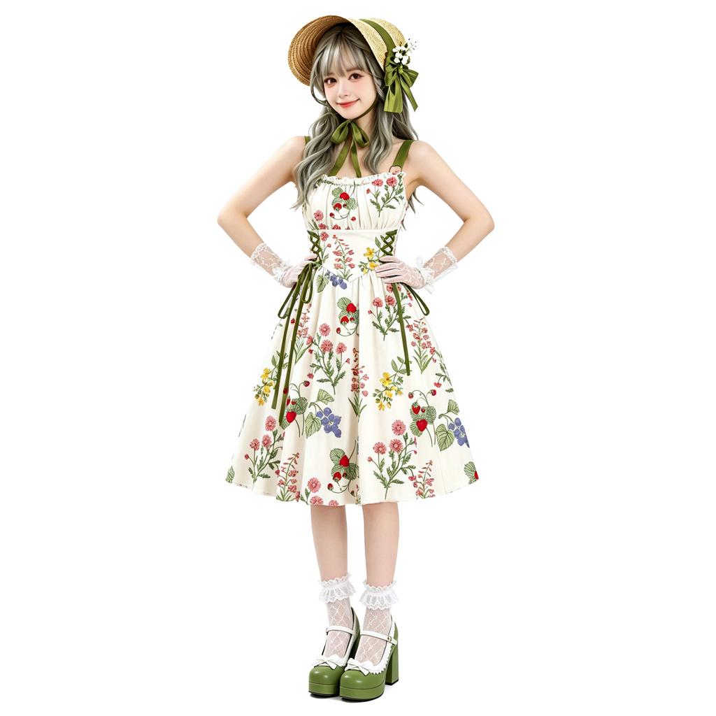 Cosplay Europe and America 1910S Hepburn style French dress Campus style floral suspender dress, printed waist daily