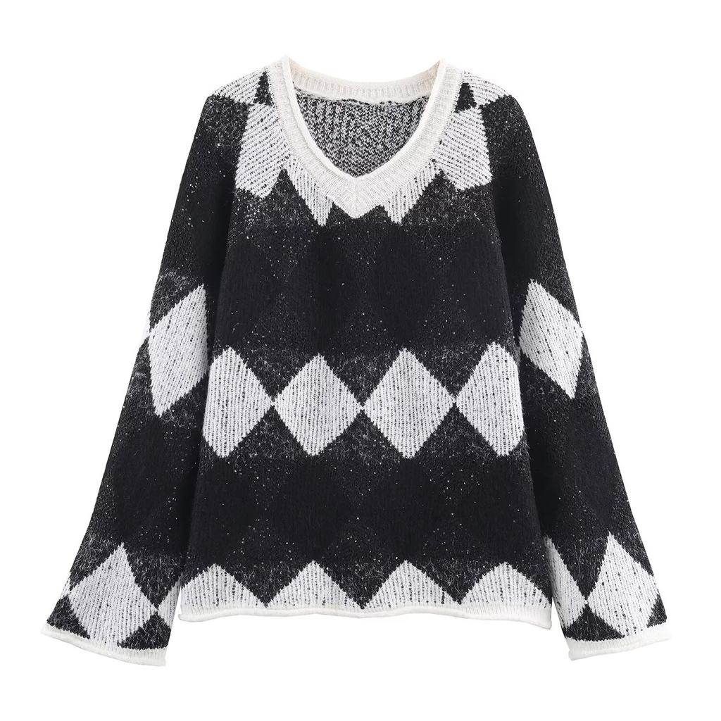 European and American style, new women's clothing, foreign style, fashionable, casual rhombus plaid pullover knitted sweater