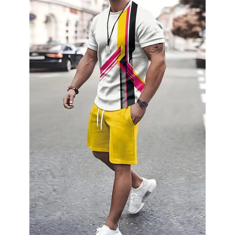 Costum de vară pentru bărbați, cu imprimeu 3D, cu textură la modă, supradimensionat, pantaloni scurți cu mânecă scurtă, sport, casual, 2024