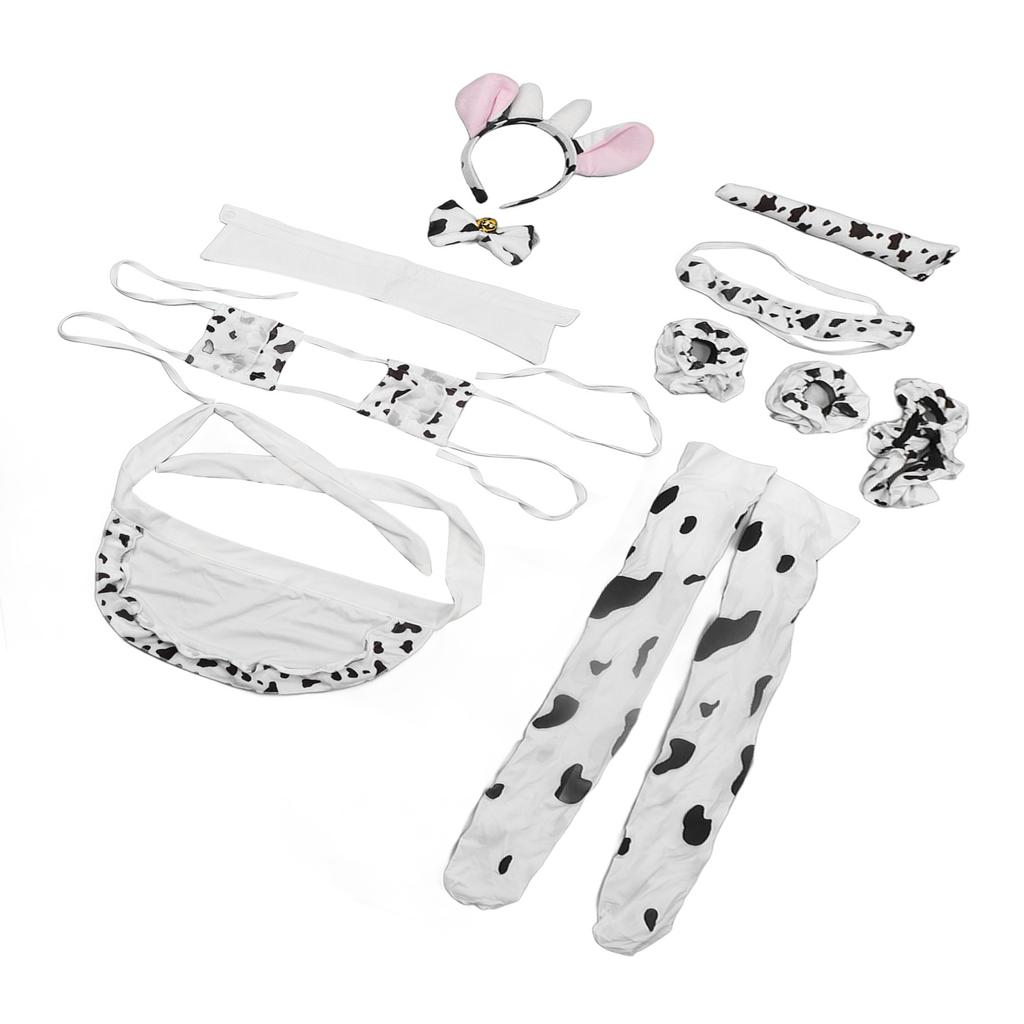 Damen Cosplay Set Niedlicher Kuh-Stil Rollenspiel Uniform Kopfbedeckung Unterwäsche Taillenband Schürze Bekleidungsset Weiß Einheitsgröße