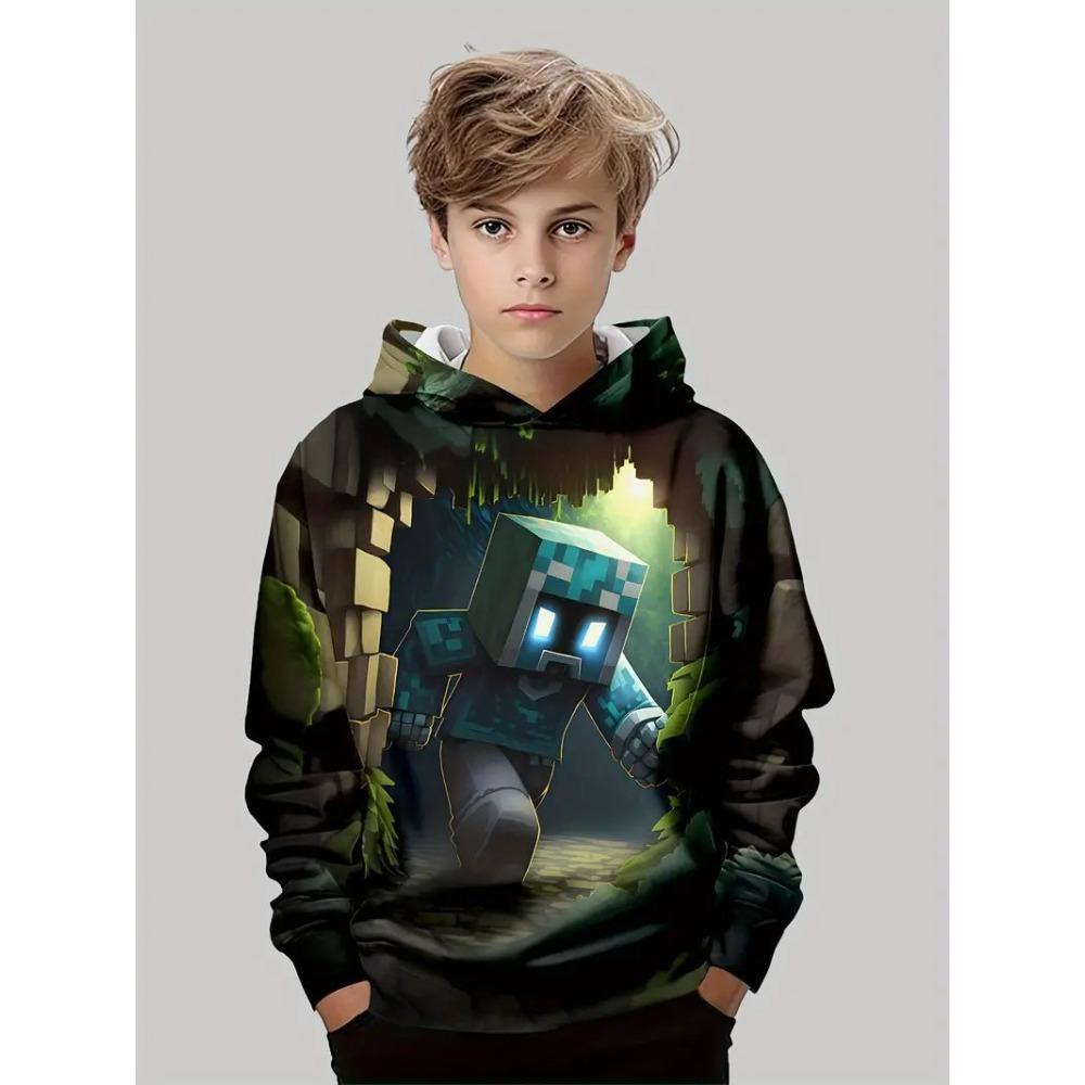 Children's Cartoon Pixel Drawing 3D Digital Printing Boy's Personalized and Fashionable Hooded Sweatshirt