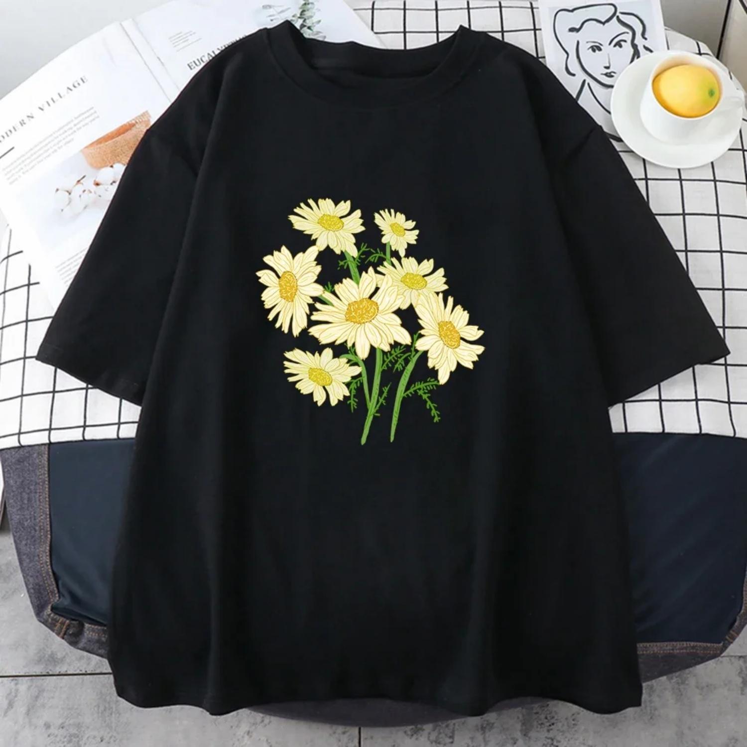 

Fresh Harajuku Yellow Chrysanthemum Flower Women T Shirts Graphic Tee Shirt Casual Tshirt Leisure Street Tops Aesthetic Clothes S чёрный