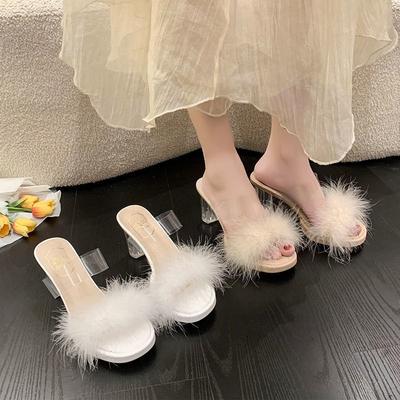 Transparent Word with Crystal Heel Thick Heel Sandals Women's Autumn New Waterproof Table Mao Mao Slippers Super High Heels