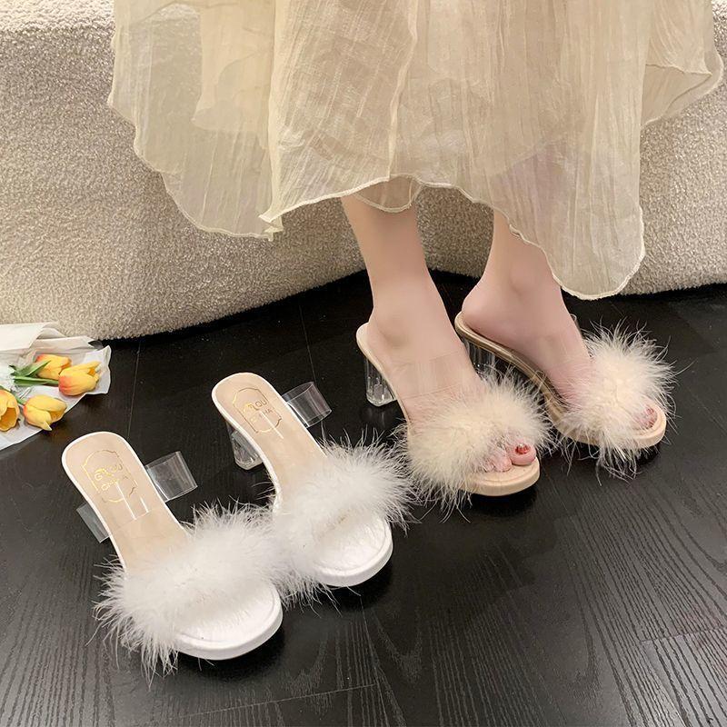 Transparent word with crystal heel thick heel sandals women's autumn new waterproof table Mao Mao slippers super high heels