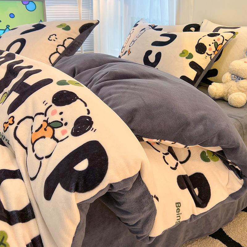 Thickened Milk Fleece Four-Piece Set Double-Sided Fleece Coral Fleece Quilt Cover Sheet Three-Piece Set