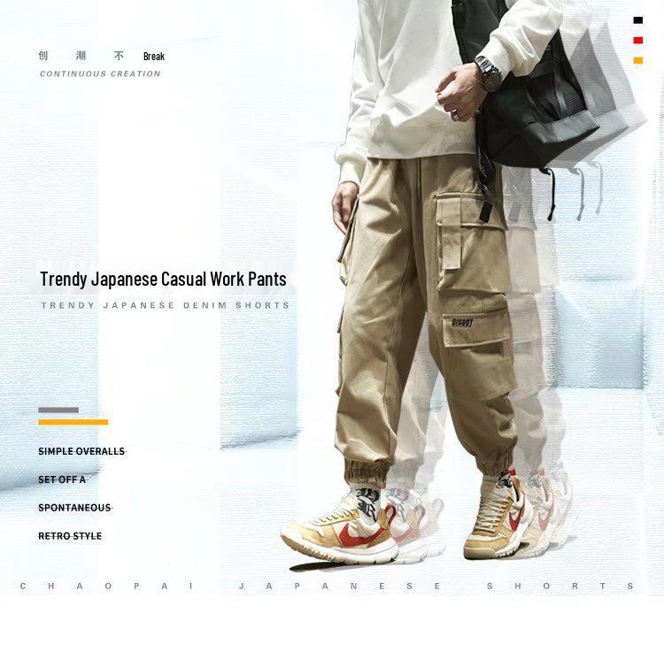 Men's American Trendy Multi-Pocket Loose Cargo Joggers - Military Green Parachute Pants, Casual Retro Style for Autumn.