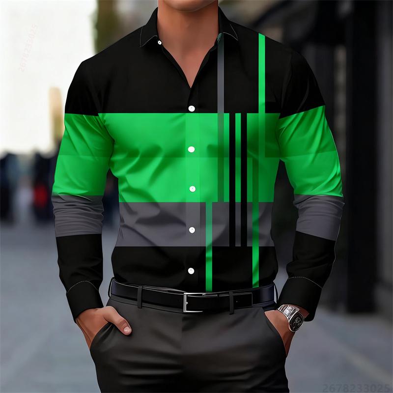 Men's Color-blocked Striped Patchwork Long-sleeved Shirt, Unique Geometric Pattern Slim Fit Shirt, Stylish Men's Top, S-6XL.