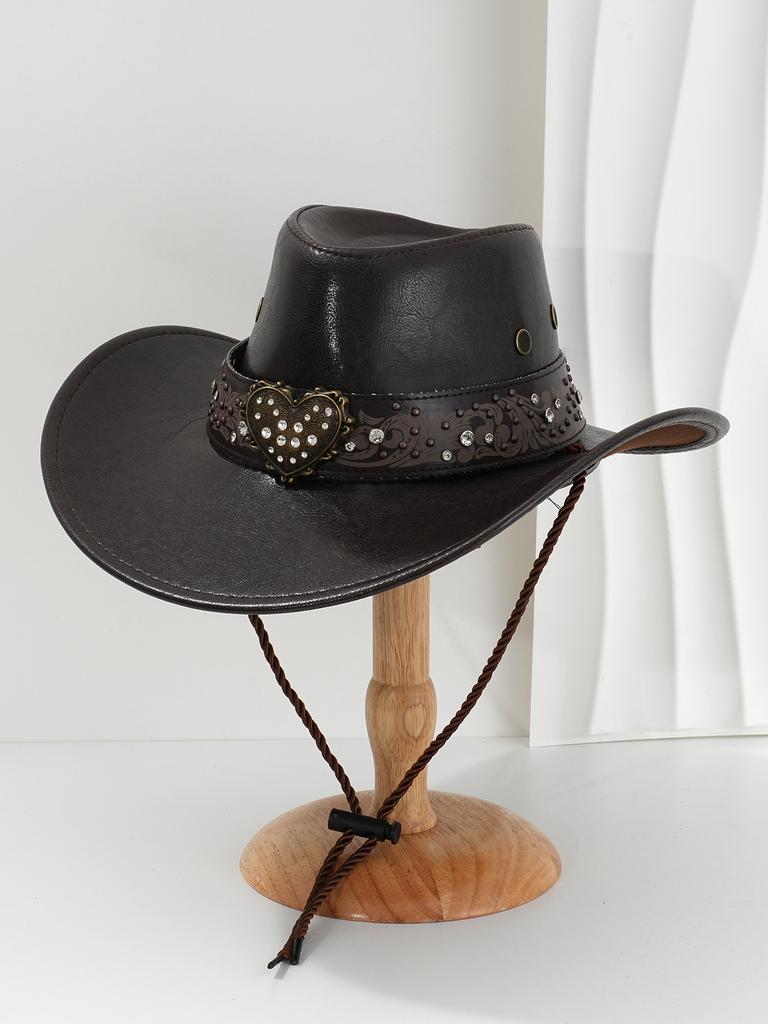 American retro western cowboy hat, love rhinestone imitation leather visor, outdoor windbreak rope multi-color optional