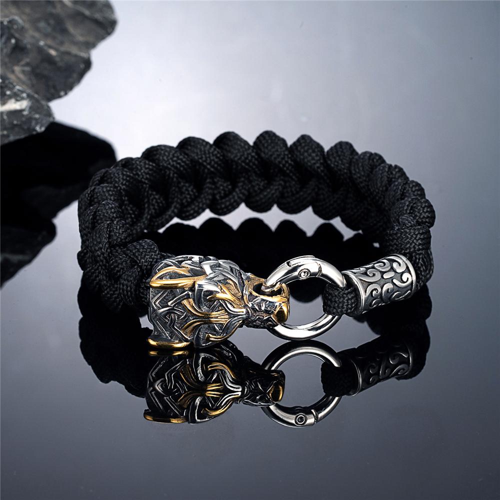 Outdoor Norse Mythology Odins Wolf Bracelet Men Stainless Steel Braided Paracord Rope Wristband Viking Runes Celtic Knot Jewelry