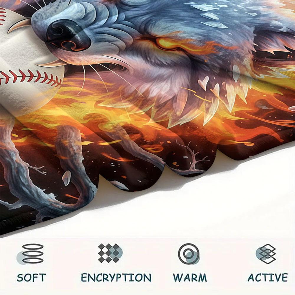 1Pc IceFireWolf Print Flannel Blanket, High Quality Comfortable for All Seasons, Home Decor, Warmth and Comfort, Perfect for Christmas Gifts