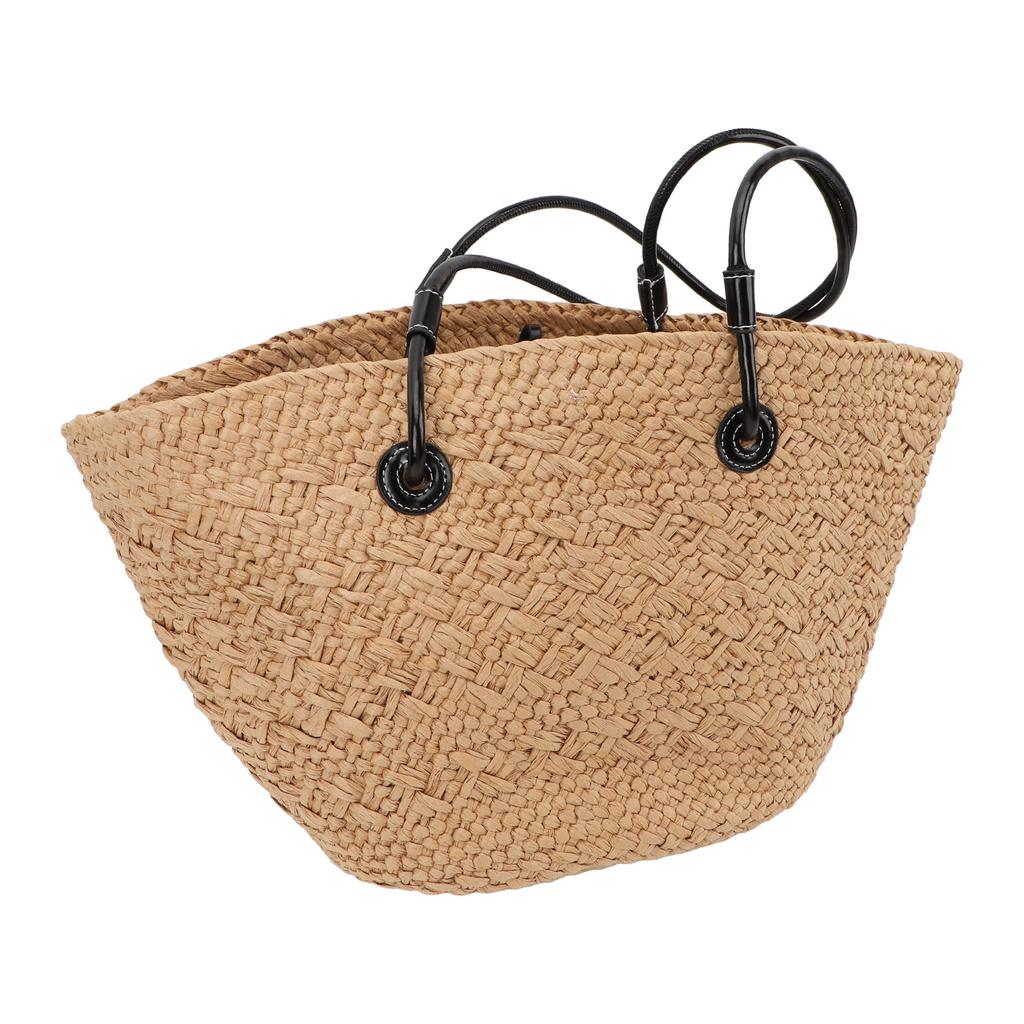 Woven Beach Bag Khaki Stylish Simple Handmade Eco Friendly Large Capacity Straw Shoulder Bag for Outdoor Shopping
