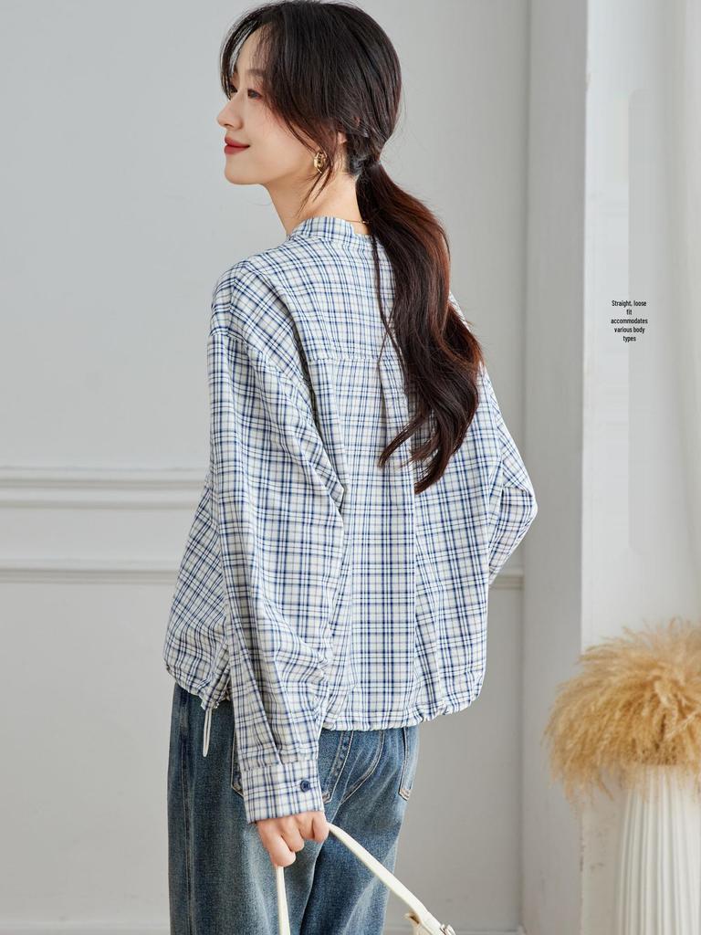 Jesień 2025 Damska Koszula w Kratę z Długim Rękawem i Kokardą