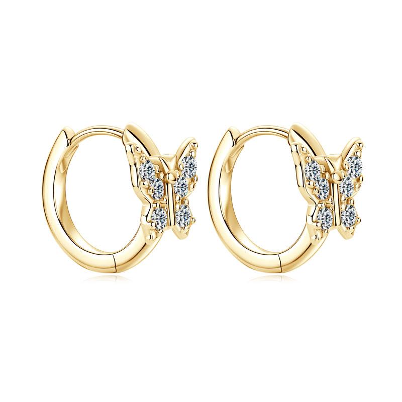 Waterproof Huggies Fashion Wedding Anniversary Fine Jewelry 2mm Zircon 925 Sterling Silver Gold Plated Trendy Butterfly Hoop 2mm 5A CZ Cubic Zircon