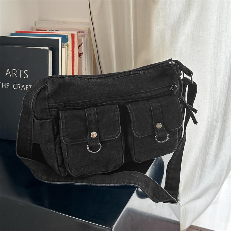 Denim Crossbody Bag Multi Pocket Shoulder Handbag with Adjustable Strap