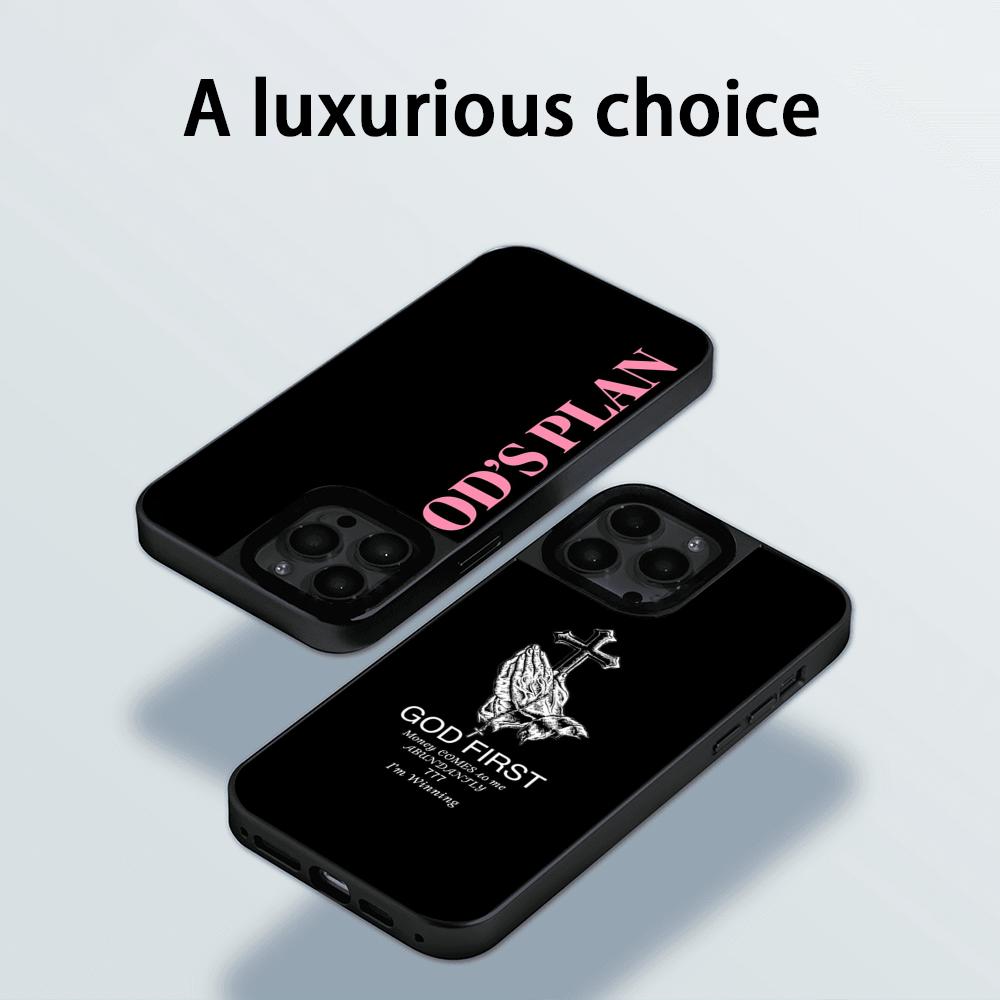 Gods Plan Cool Words Pattern Phone Case for iPhone 17 16 E 15 14 13 12 Pro Max Sheepskin Silver-edged Protective Case