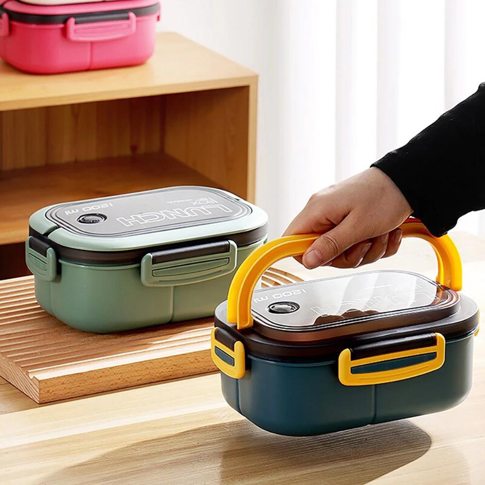 2 Layers Portable Student Lunch Box with Fork Spoon Can Be Heated In The Microwave Leakproof Thicker PP Plastic Split Lunch Box