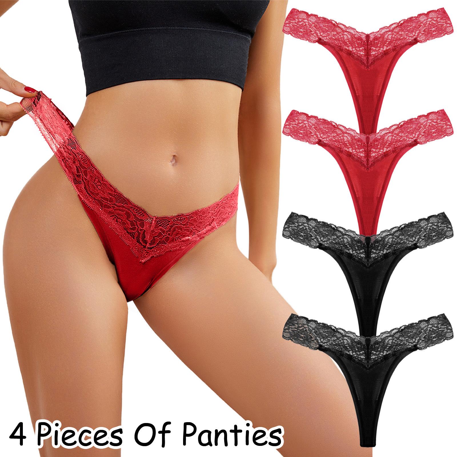 4-Pack Women s Low-Waist Cotton Crotch Lace Thongs: Plus Size Breathable Yoga Panties S