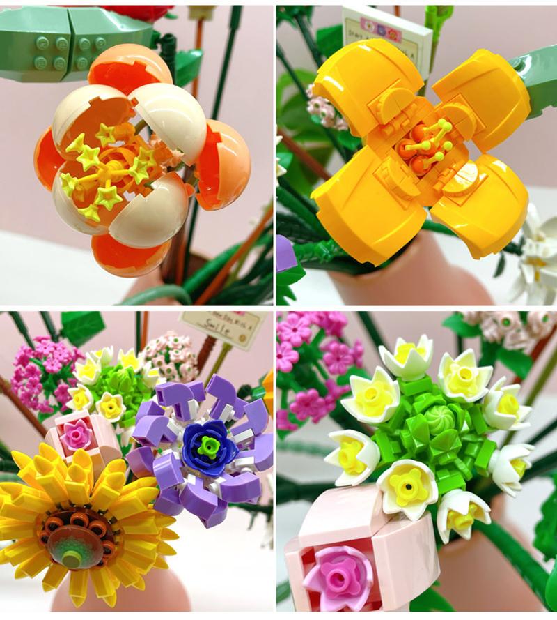Mini růže Stavebnice DIY Květina v květináči Kytice 3D Model Domácí dekorace Vzdělávací hračky pro dívky Dárek