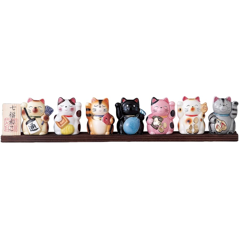 Ale-net Seven Lucky Cats Figurine, W37.5 x D4 x H7cm, with Plate, Ceramic, Seto Ware, Made in Japan, Seven Lucky Gods, Cat Version