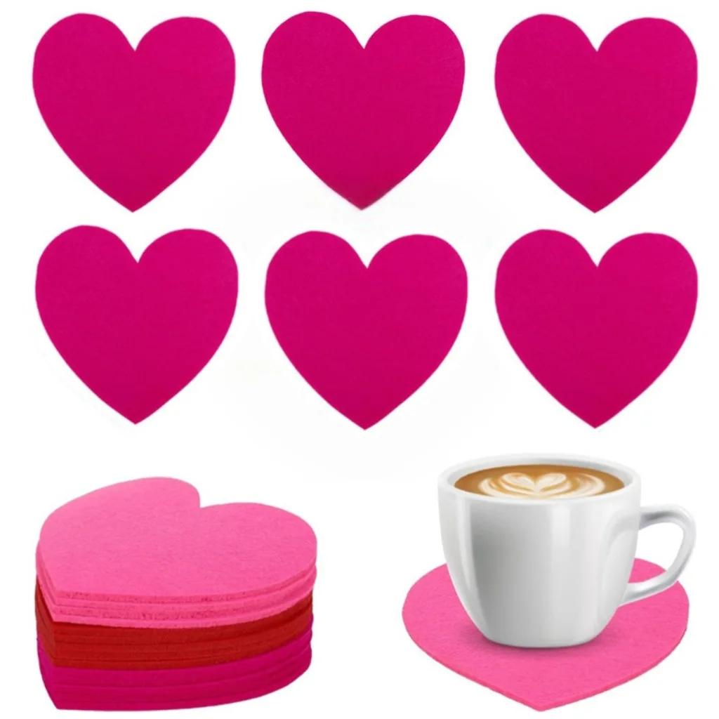 10pcs Valentine's Day Cup Mats Set Felt Love Theme Coaster Tableware Knife Fork Mat Set Romantic Party Decor Wedding Decoration