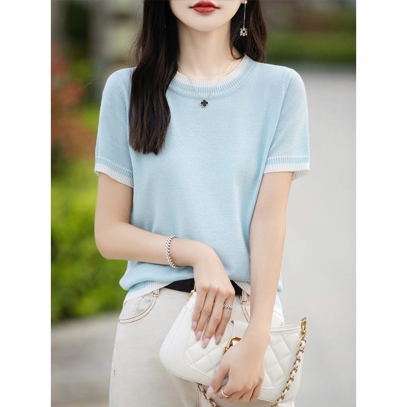 Women's Summer Thin Color Matching Round Neck Short Sleeve Knitted Bottom Top