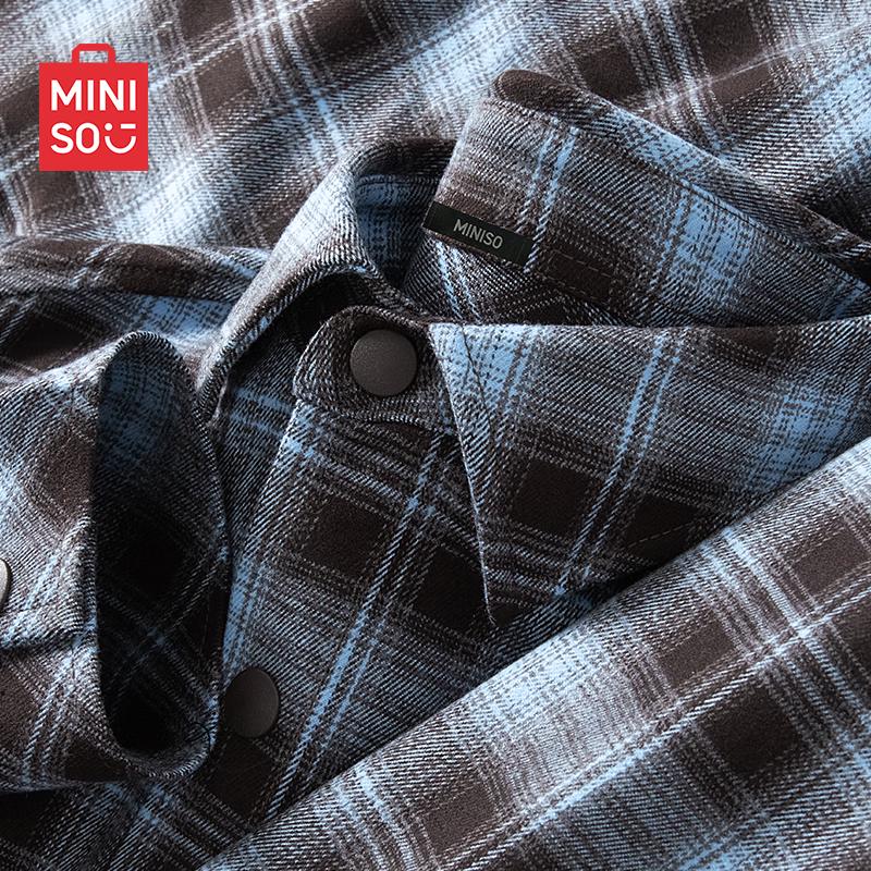 MINISO Men's Brushed Plaid Casual Long Sleeve Shirt Jacket