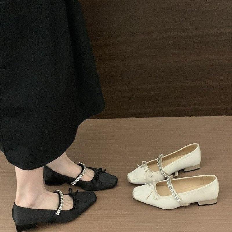 Fashion Crystal Mid Heels Ballet Shoes Women Bow Marie Janes Sandals Square Toe 2025 Trend Summer Loafers Dress Party Sandalias Mujer