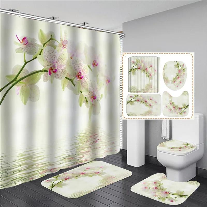 Elegant Blue Flower Shower Curtain Set Waterproof Bathtub Curtains Non-Slip Rugs Bath Mat Toilet Lid Cover Bathroom Set Decor
