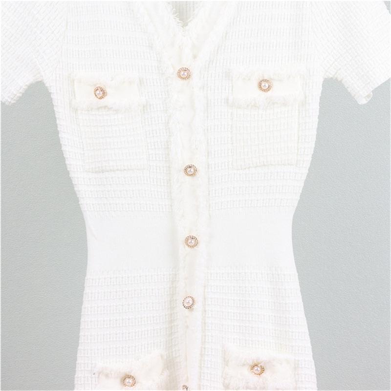 Summer women's knitted short sleeved dress Solid color temperament shows slimming mid length skirt