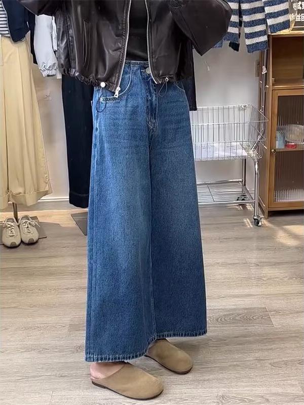 Women's High-Waist Black Gray Jeans - Autumn/Winter Loose Straight-Leg Wide Pants