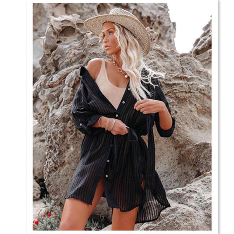 Three-Dimensional Jacquard Striped Beach Cover-Up Shirt for Sun Protection