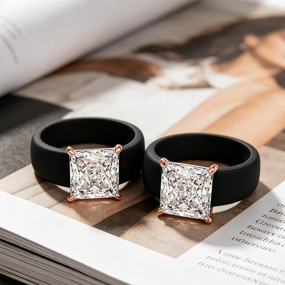 Princess Cut CZ Diamond Black Silicone Ring Set, 18K Rose Gold Plated Prong, Non-Toxic Wide Rubber Stackable Ring, Minimalist Ae
