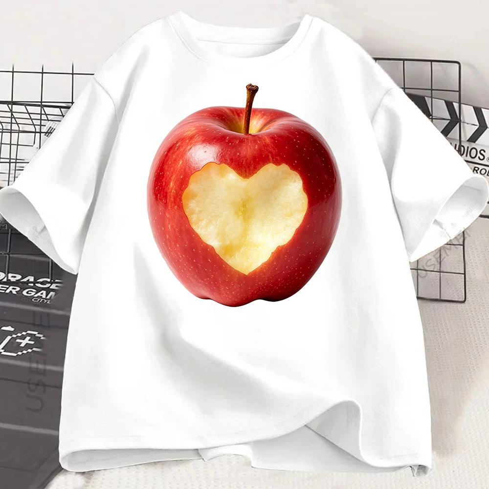 Rotes Apfel Herz Muster Damen T-Shirt Süßes Früchte Grafik T-Shirt Lässig Kurzarm Rundhals Locker Sommer Ästhetisches Oberteil Vintage
