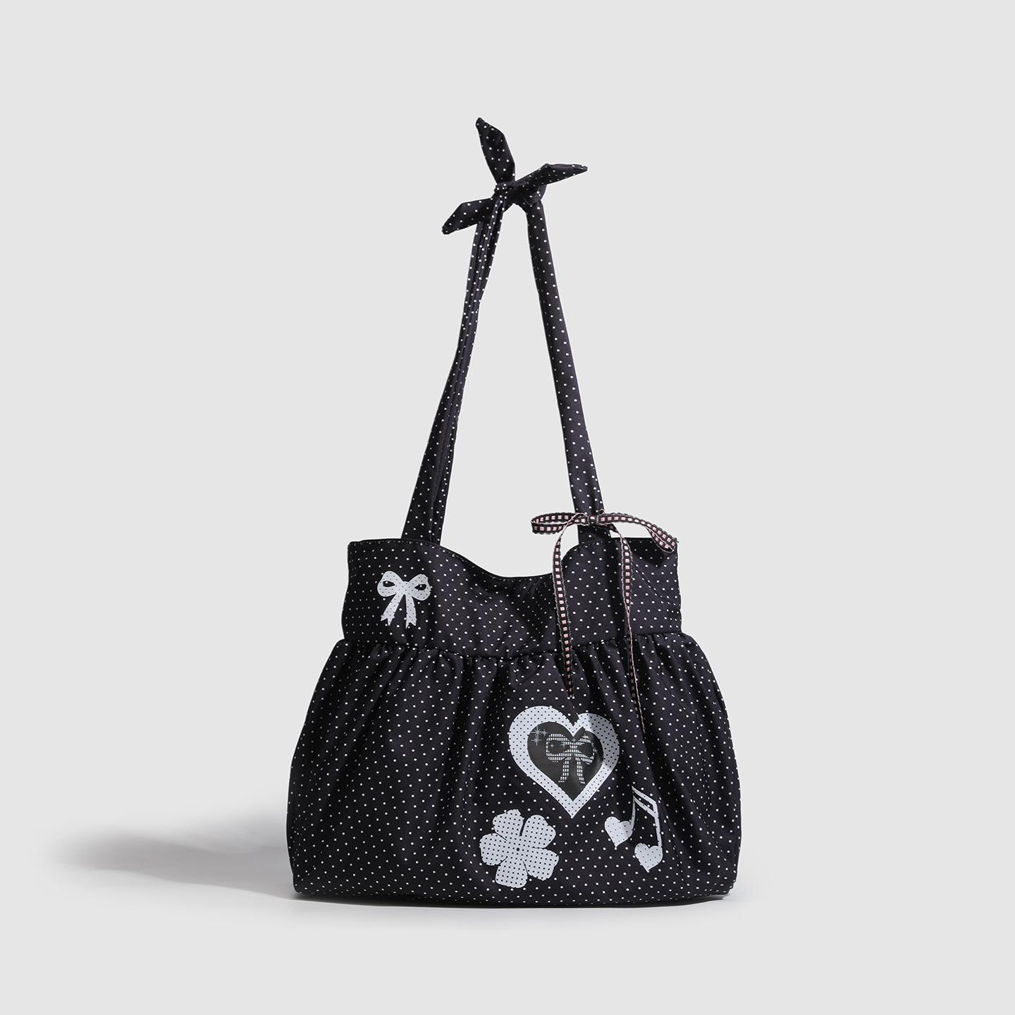 

Korean polka dot tote bag cute bow love retro note shoulder bag large capacity cotton travel outing
