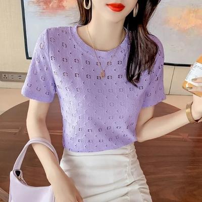 Summer Women's Hollow Out Knit Top Crew Neck Short Sleeve Slim Casual Blouse