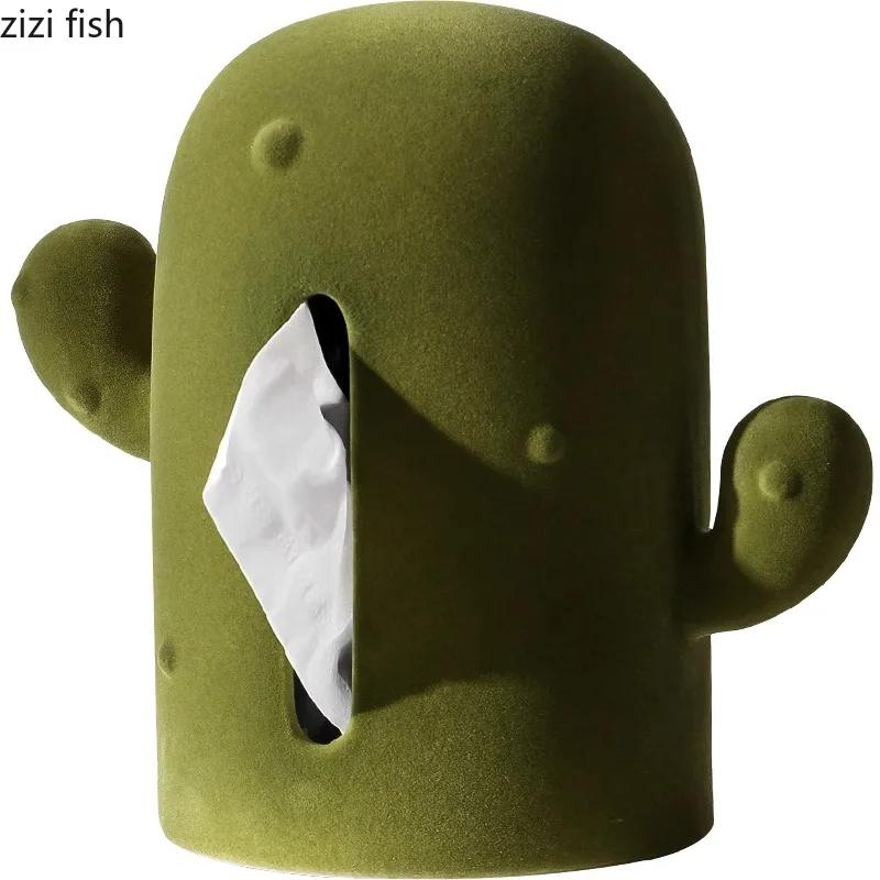 Retro Olive Green Velvet Tissue Box Desktop Ceramic Creative Napkin Paper Box Withdrawable Tissue Boxes Household Tissue Case
