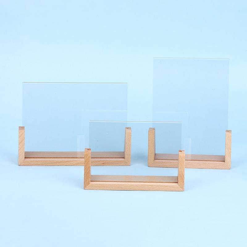 U-Shaped Walnut Beech Wood Photo Frame Transparent Acrylic Clear Picture Display for Cafe Shop Table Decor