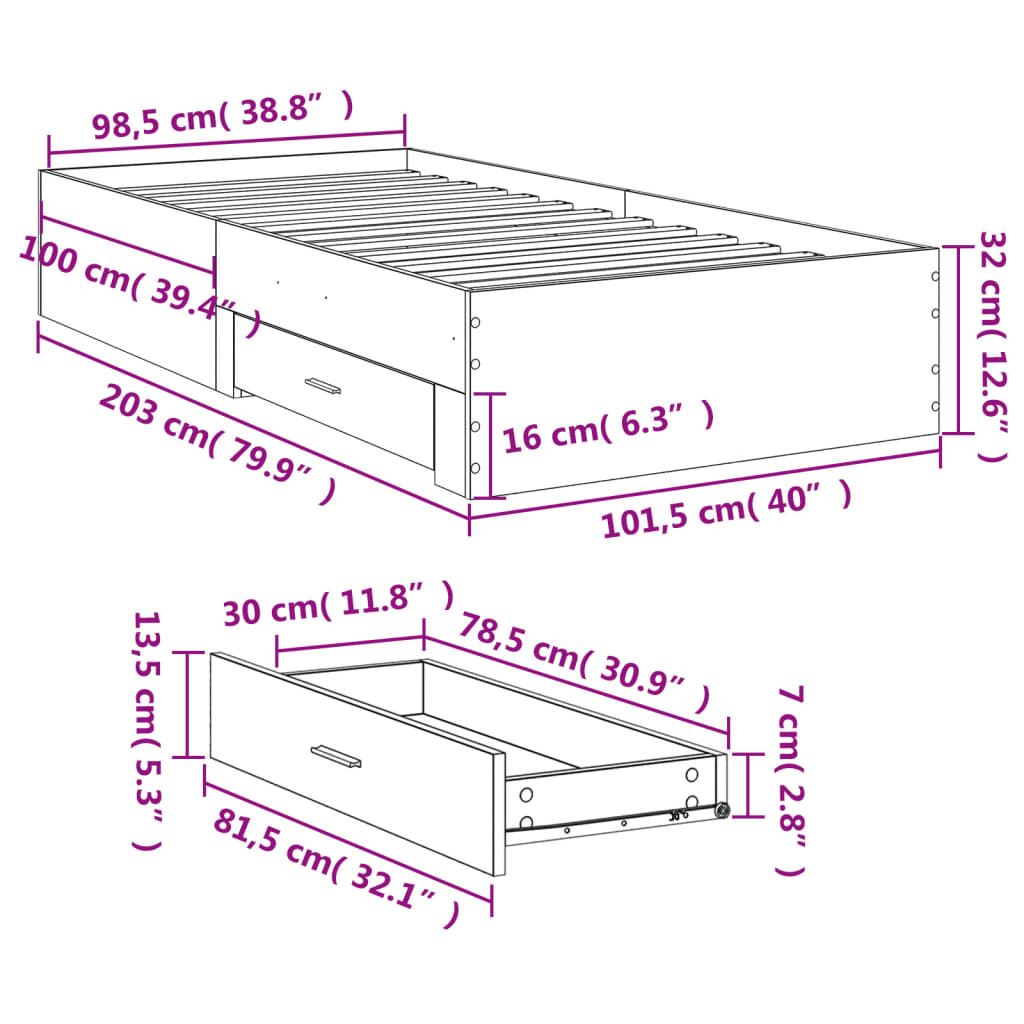 Bed Frame with Drawers Smoked Oak Finish 100x200 cm Engineered Wood