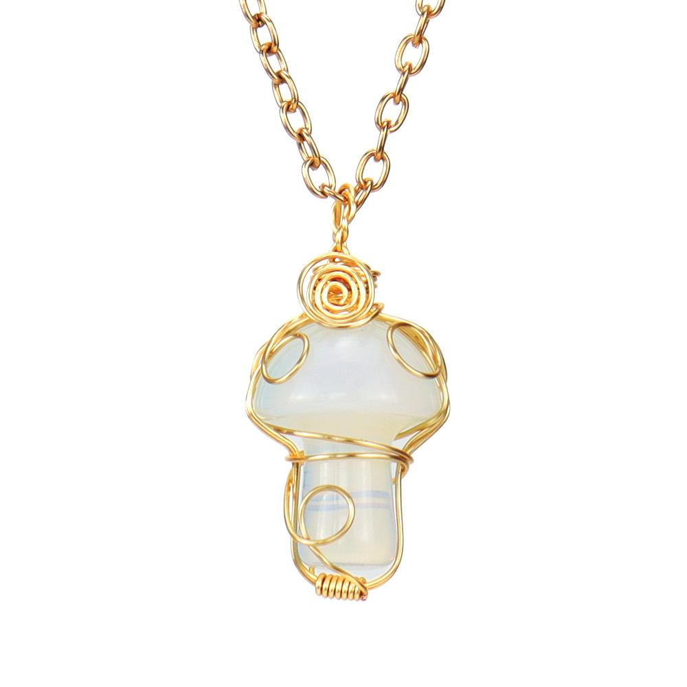 Handmade Gold Winding Crystal Tiger Stone Agate Small Mushroom Pendant Necklace Jewelry N588