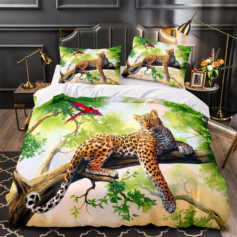 Tiger Leopard Lion Duvet Cover Set Africa Wild Animals Bedding Set 3D Red Rose Flowers Quilt Cover Twin King Queen Bedroom Decor