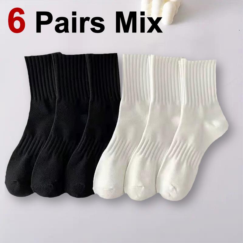 6/12 Pairs Men Solid Color Mid Tube Socks Fashionable Black White Color Sweat Absorbing Soft Comfortable Casual Sports Socks