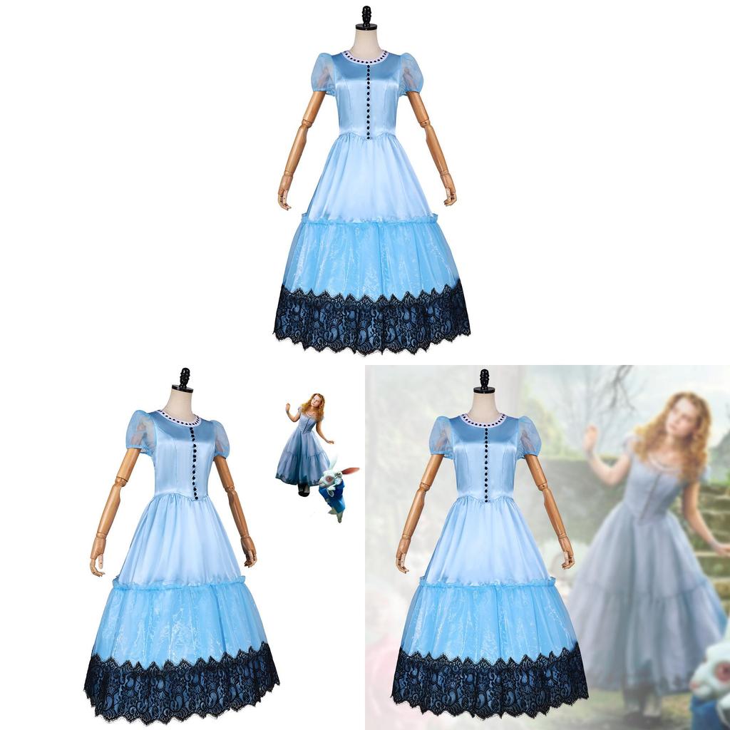 Alice In Wonderland Cosplay Dress Vintage Blue Polyester Long Skirt For Halloween Costumes