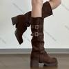 Fashion 2025 Vintage Women Trouser Legs Boots Removable Belt Buckle Autumn Winter Shoes Thick Heel Ladies Elegant Long Booties