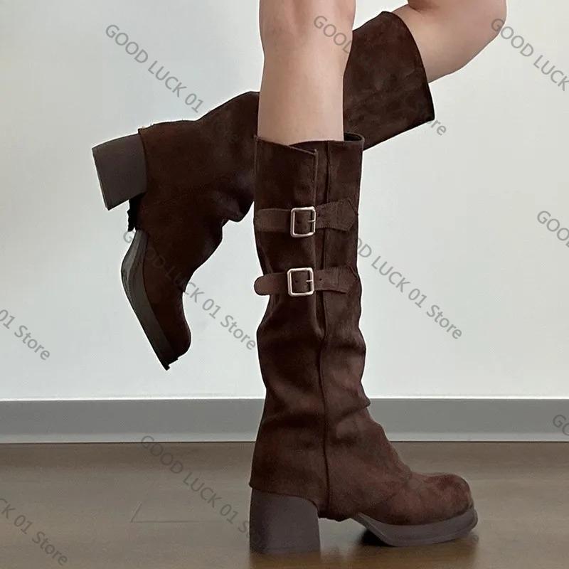 Fashion 2025 Vintage Women Trouser Legs Boots Removable Belt Buckle Autumn Winter Shoes Thick Heel Ladies Elegant Long Booties