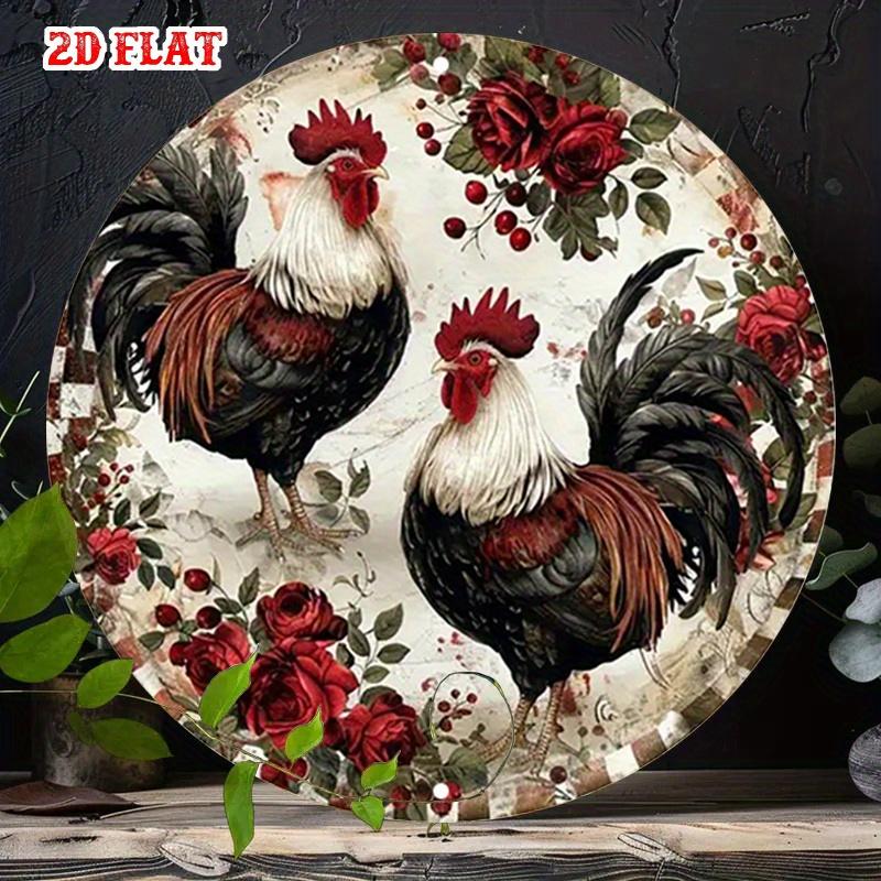 Pc Round Aluminum Metal Wall Art Inch Rustic Rooster Roses Sign for Home Decoration