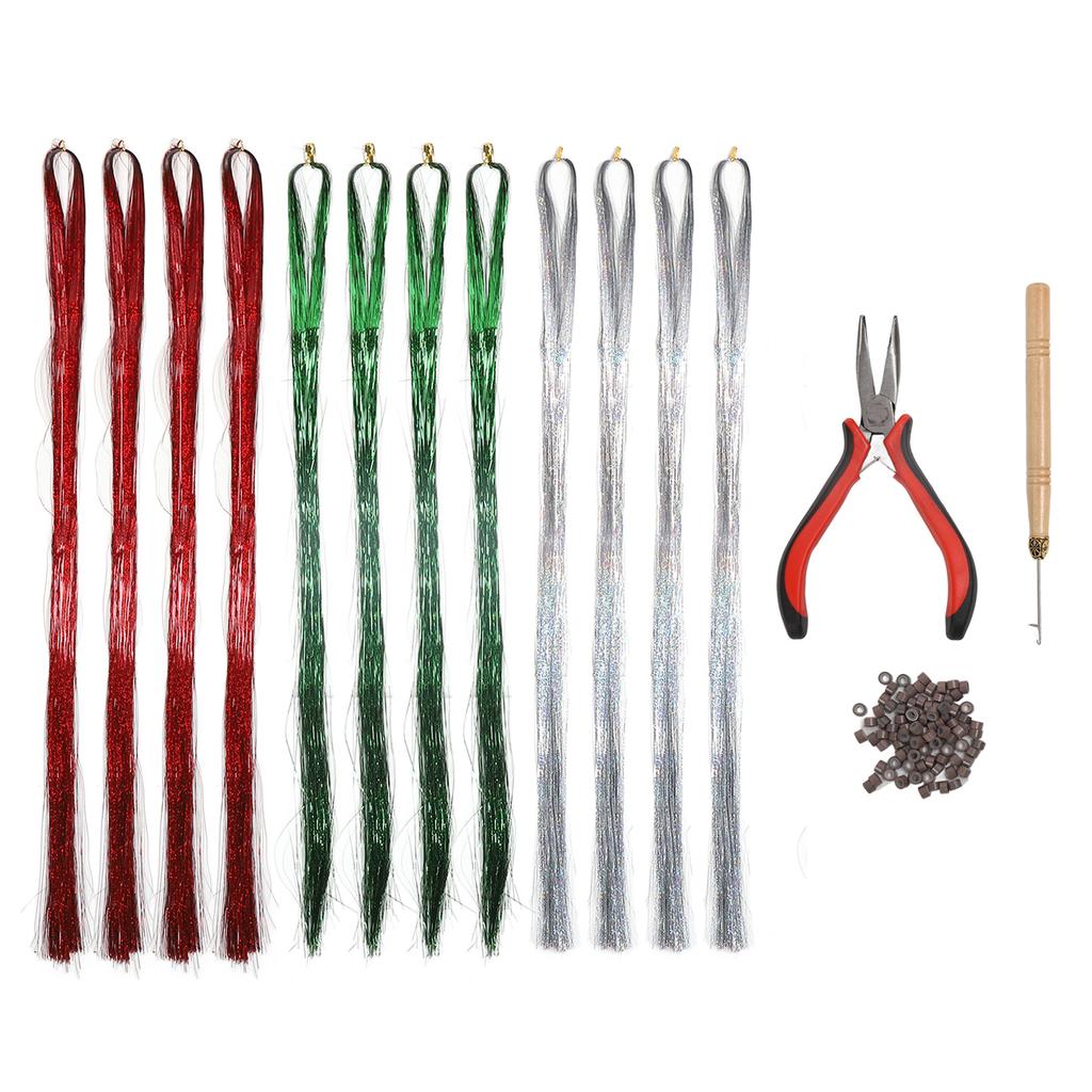 12 Bundles Glitter Sparkling Tinsel Hair Extensions with Tools Sparkle Hair Extension Kit 1.2m