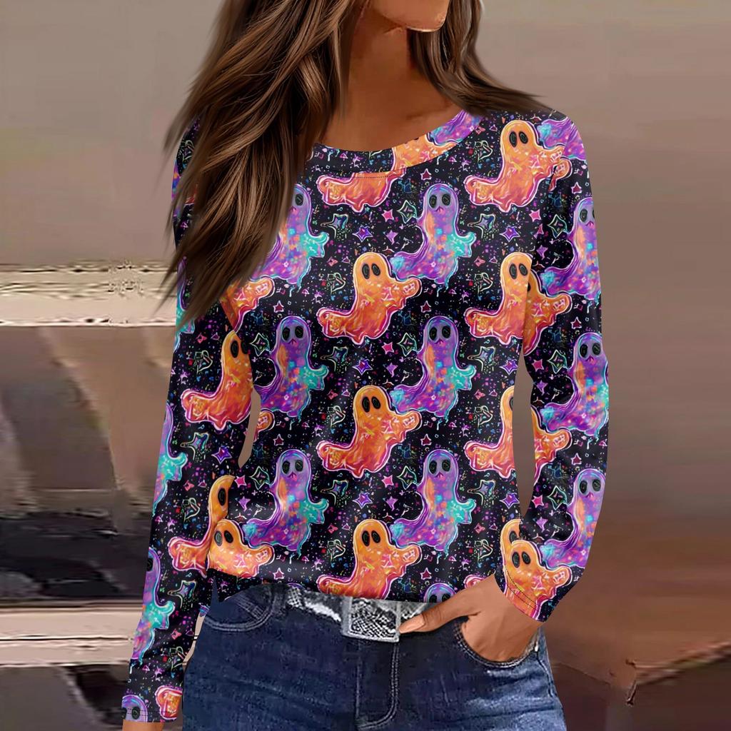 Mote Casual Langermet Trykk Rund Hals Pullover Topp Bluse for Kvinner