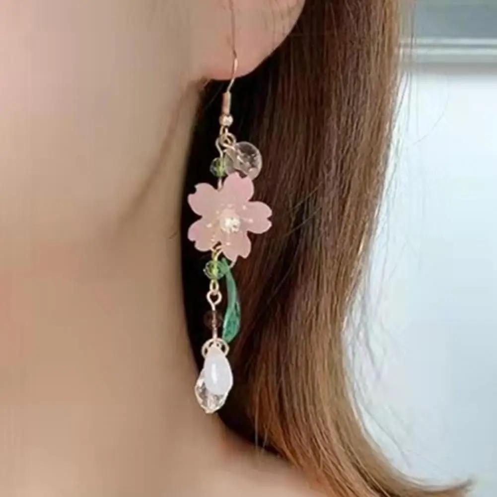 Romantic Elegant Cherry Blossoms Flower Earrings For Women Pink Petals Sakura Long Tassel Drop Earring Dangle Earrings pendiente