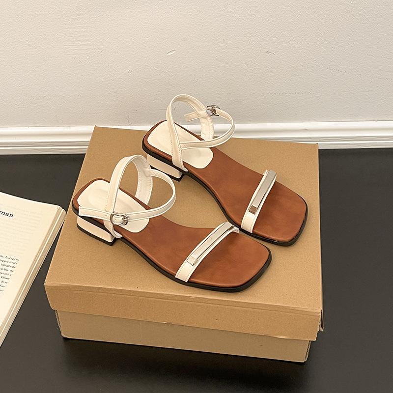 Fashion open-toed square heel with sandals women's 2025 summer new metal jewelry casual middle heel work shoes